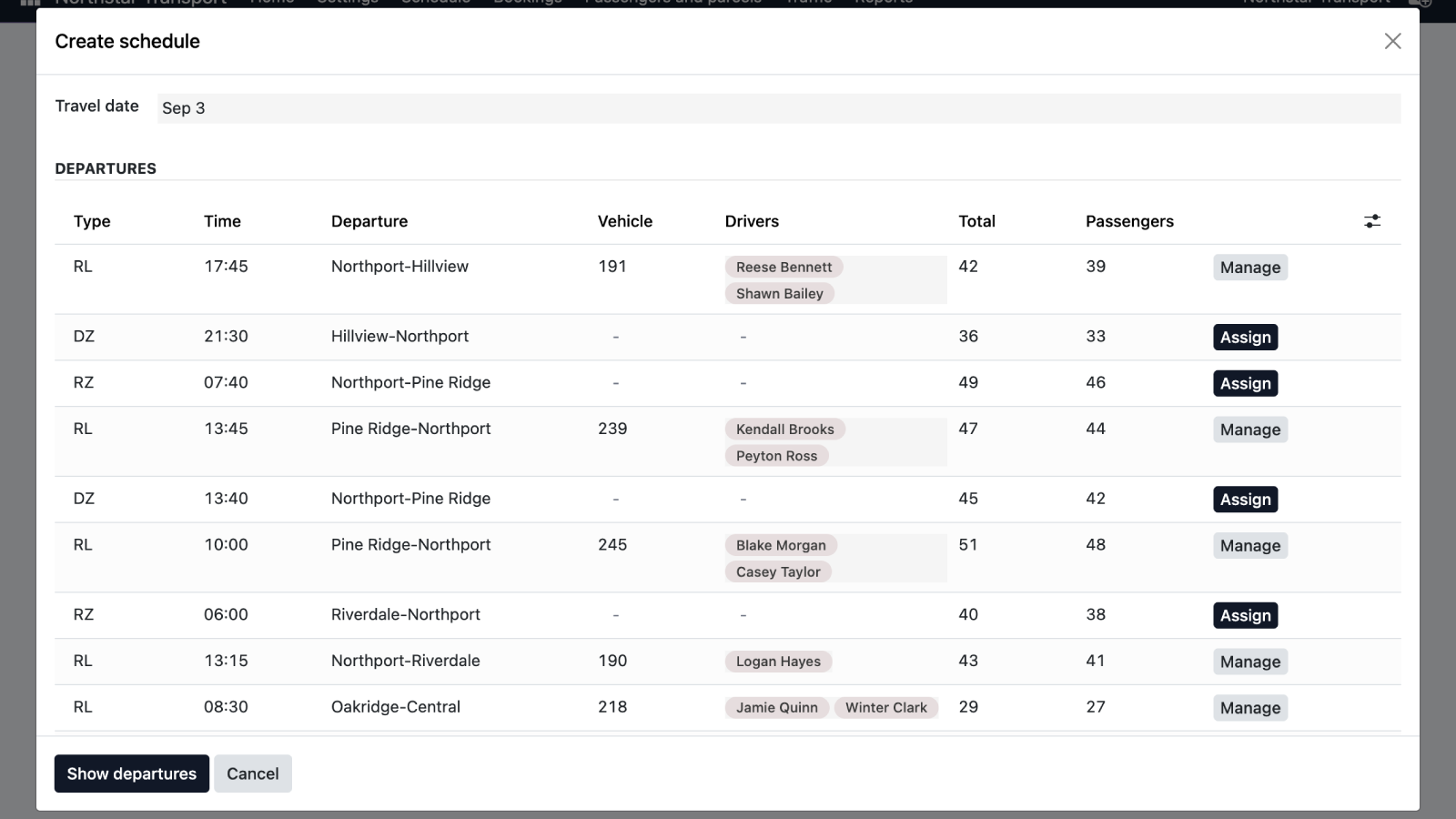 Anonymized dispatch view for assigning vehicles and drivers to daily departures