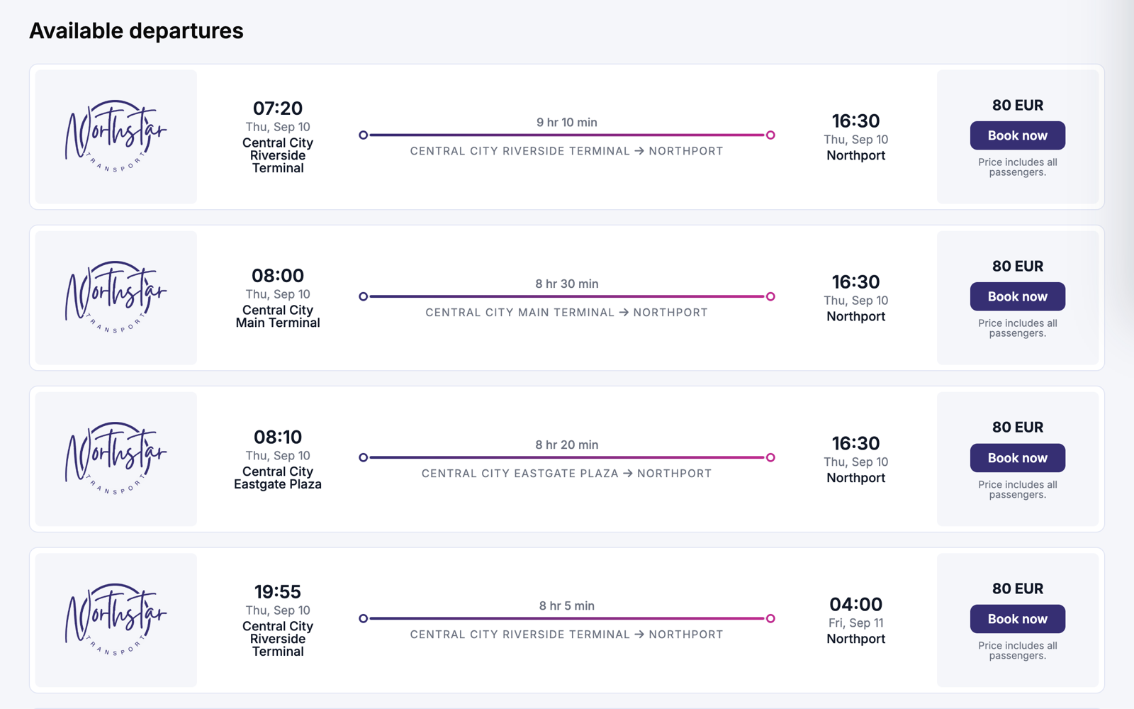Anonymized passenger booking interface showing available departures